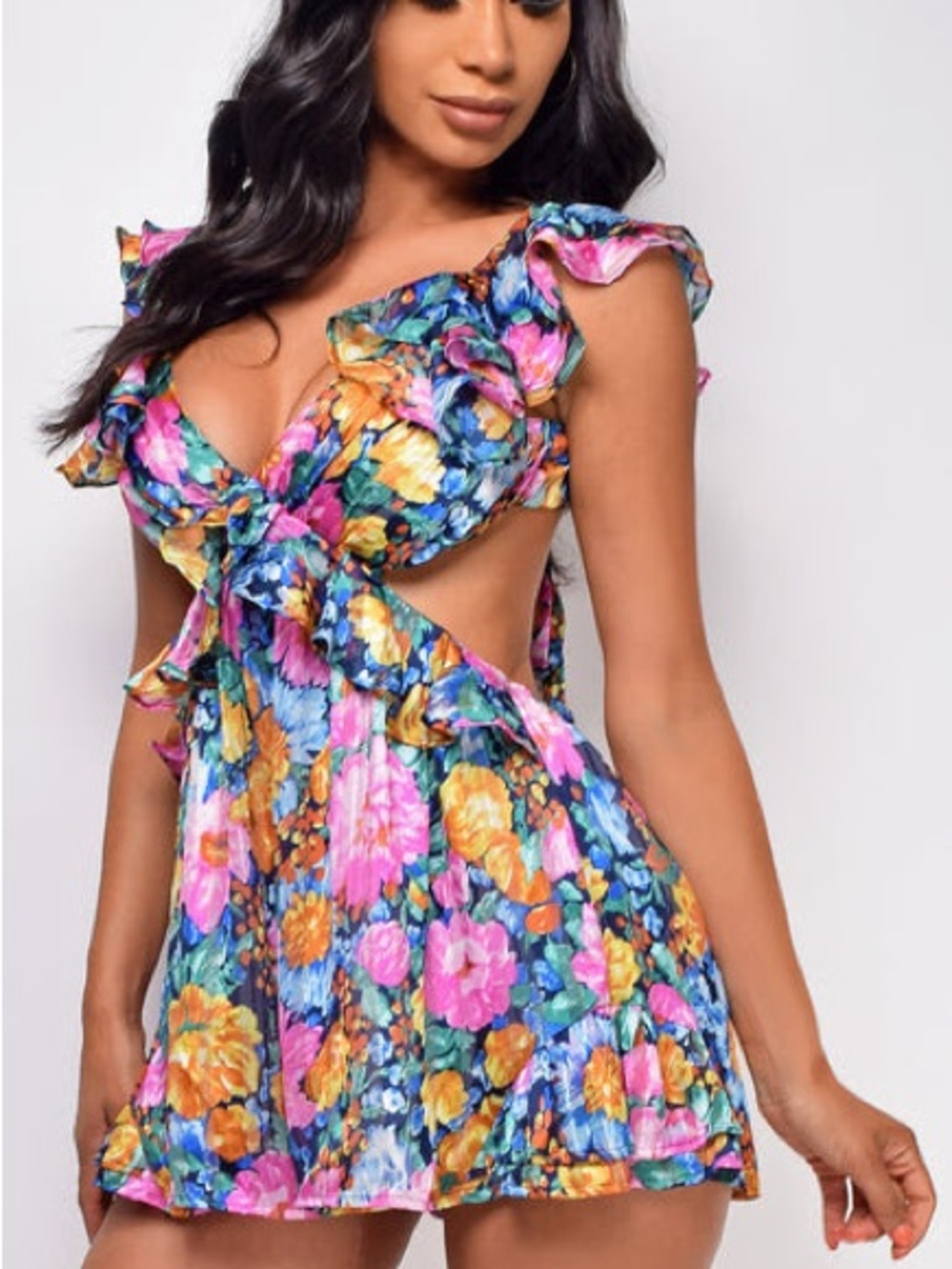 Emprada brand Floral Ruffle Cutout Mini romper Pink Blue Yellow